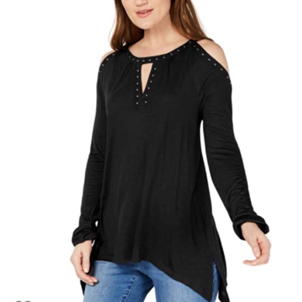 INC Studded Cold-Shoulder Rayon Blk shirt m - Picture 2 of 7